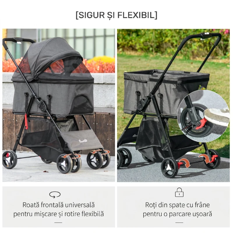 PawHut Cărucior pentru câini 3 în 1 convertibil în geantă și transportor cu lesă și pernă, gri