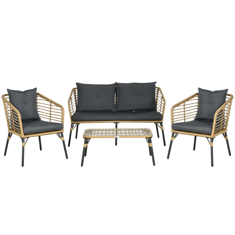 Outsunny Gartenmöbel-Set für 4 Personen, Rattan Sitzgarnitur mit Kissen, Balkonmöbel im Boho-Stil, Sand+Dunkelgrau