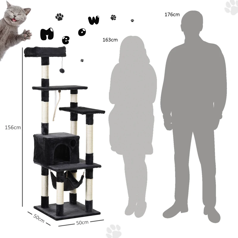 PawHut Arbre à chats multi-équipements griffoirs grattoirs plateformes niche hamac panier corde jouet suspendu dim. 50L x 50l x 156H cm gris foncé