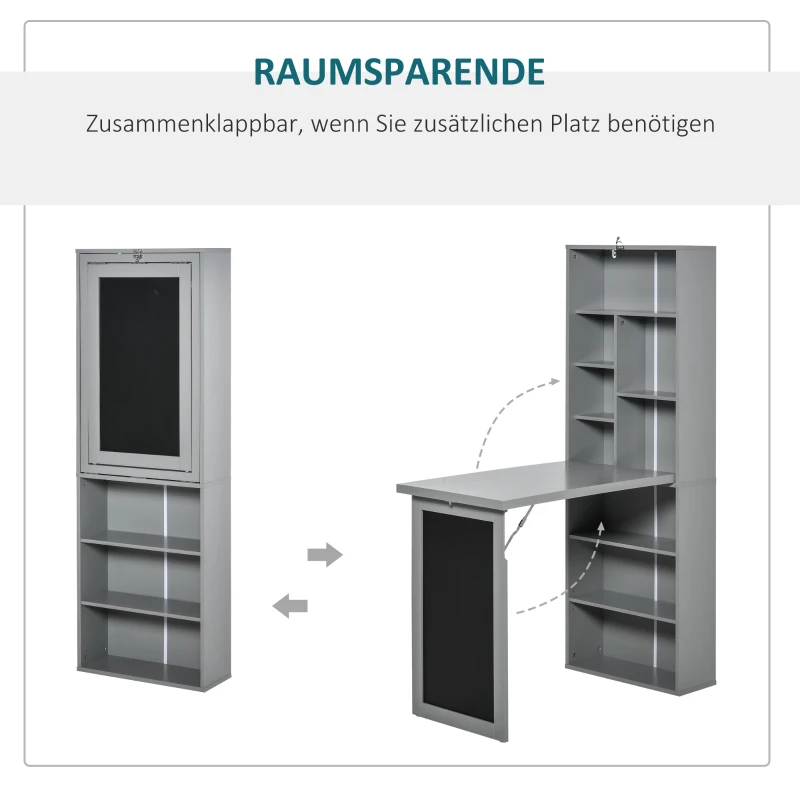 HOMCOM Schreibtisch Esstisch klappbar mit 6 Fächer Bücherregal mit 3 Regale Computertisch Bürotisch E1 Spanplatte Metallrahmen Dunkelgrau 98 x 51 x 153 cm