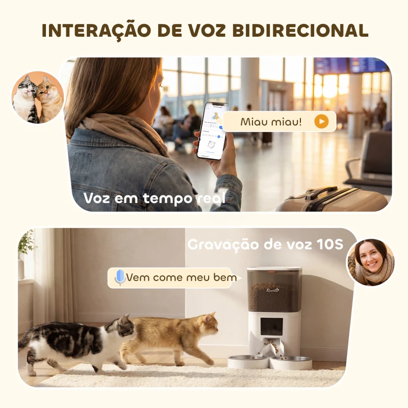 PawHut Comedouro Automático 6L WiFi 2.4G com Controlo App 2 Taças Programável 1-10 Refeições Gravador de Voz 10s Fácil de Limpar