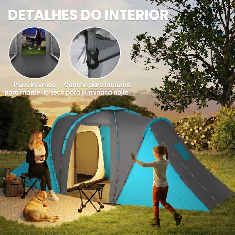 Outsunny Tenda de Campismo Familiar para 4-6 Pessoas com 2 Dormitórios Impermeável 3000 mm com Bolsa 555x225x190 cm Cinza e Azul