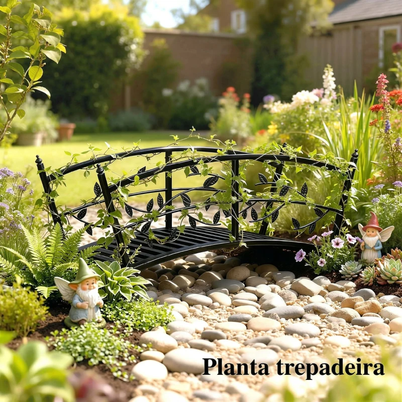 Outsunny Ponte de Jardim Metálica 1,2 m Ponte Decorativa para Lagos com Corrimãos de Segurança e Design de Folhas Preto