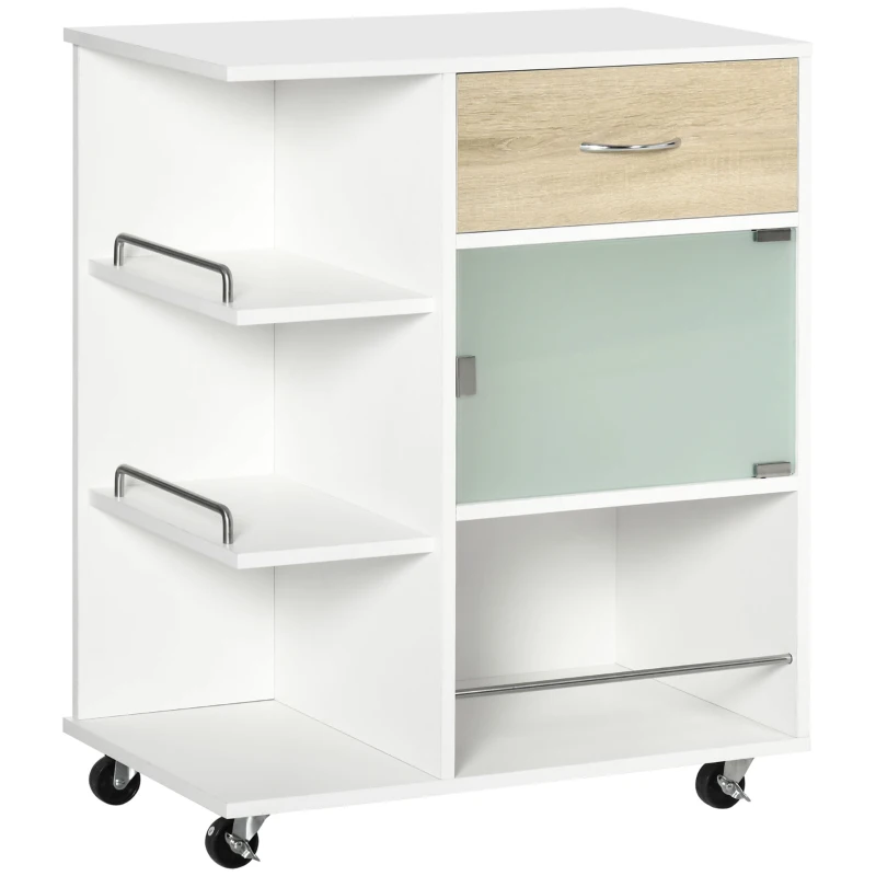 HOMCOM Carrinho de Cozinha com 1 Gaveta Porta de Vidro e Prateleiras Abertas Carrinho Auxiliar com Rodas 65x39x80cm Madeira