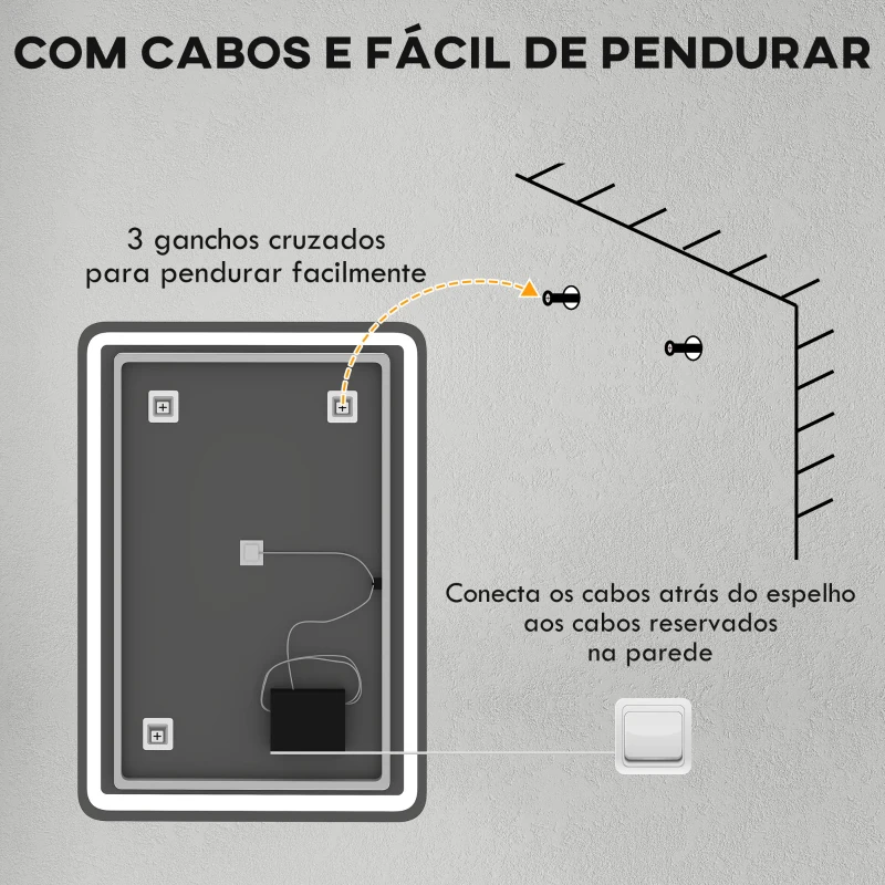 HOMCOM Espelho Casa de Banho com Luzes LED 70x100 cm Função Antiembaciamento 3 Temperaturas de Cor Ajustável e Função de Memória Prata