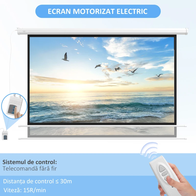 HOMCOM Ecran de Proiecție Motorizat 120" 16:9 cu Telecomandă, Montare pe Perete și Tavan, Alb