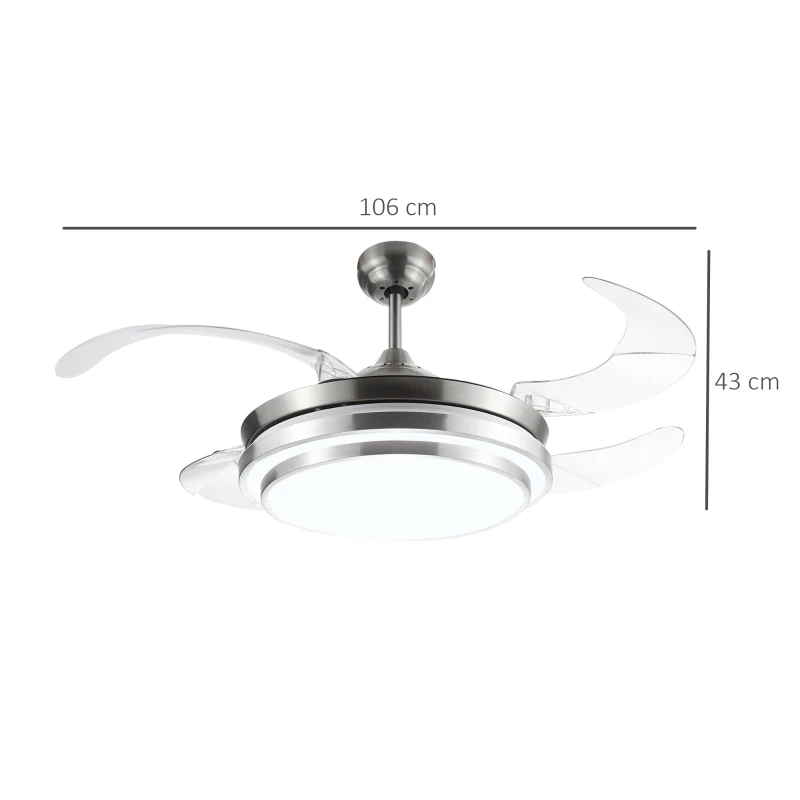 HOMCOM Ventoinha de Teto 51W com Luz LED 30W Ajustável 3000/4000/6000K Controle Remoto 3 Velocidades Temporizador 4 Lâminas para Dormitório Sala de Estar Ø106x43 cm Prata