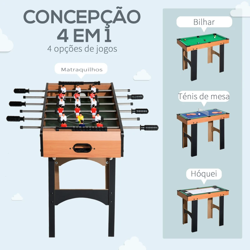 HOMCOM Mesa Multi-Jogos 4 em 1 Matraquilho para Crianças Mesa de Bilhar Mesa de Ping-Pong e Hóquei de Mesa 87x43x73 cm Madeira e Preto