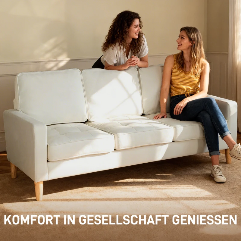 HOMCOM 3-Sitzer-Sofa mit dicken Kissen, Kautschukholz, Stoffbezug, Polstersofa für Wohnzimmer, Büro, Schlafzimmer, Cremeweiß(m-5)