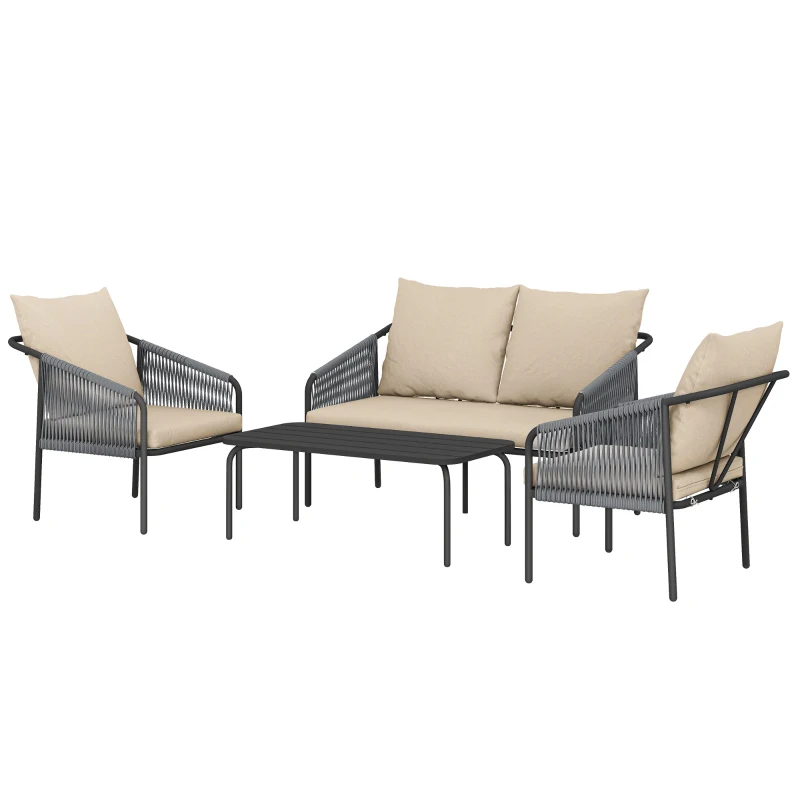 Outsunny Gartenmöbel Set 4-teilig Polyrattan Lounge-Set mit Zweisitzer 2 Sessel Couchtisch abnehmbar Kissen Bindebändern