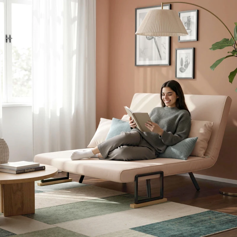HOMCOM Sofá Cama Convertível 2 Lugares Dobrável com Encosto Ajustável em 5 Níveis e 2 Almofadas 102x73x81 cm Bege Claro
