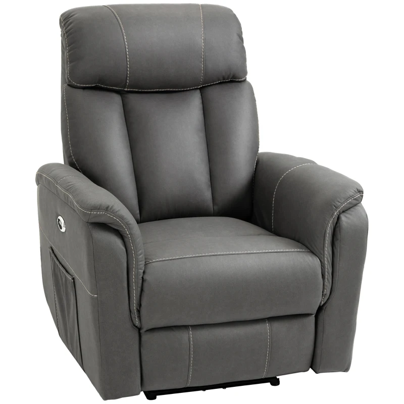 HOMCOM Poltrona Reclinável Elétrica Estofada em Tecido Técnico Poltrona Relax com Reclinação 155° Apoio para os Pés e 2 Bolsos Laterais 95x90x105cm Cinza