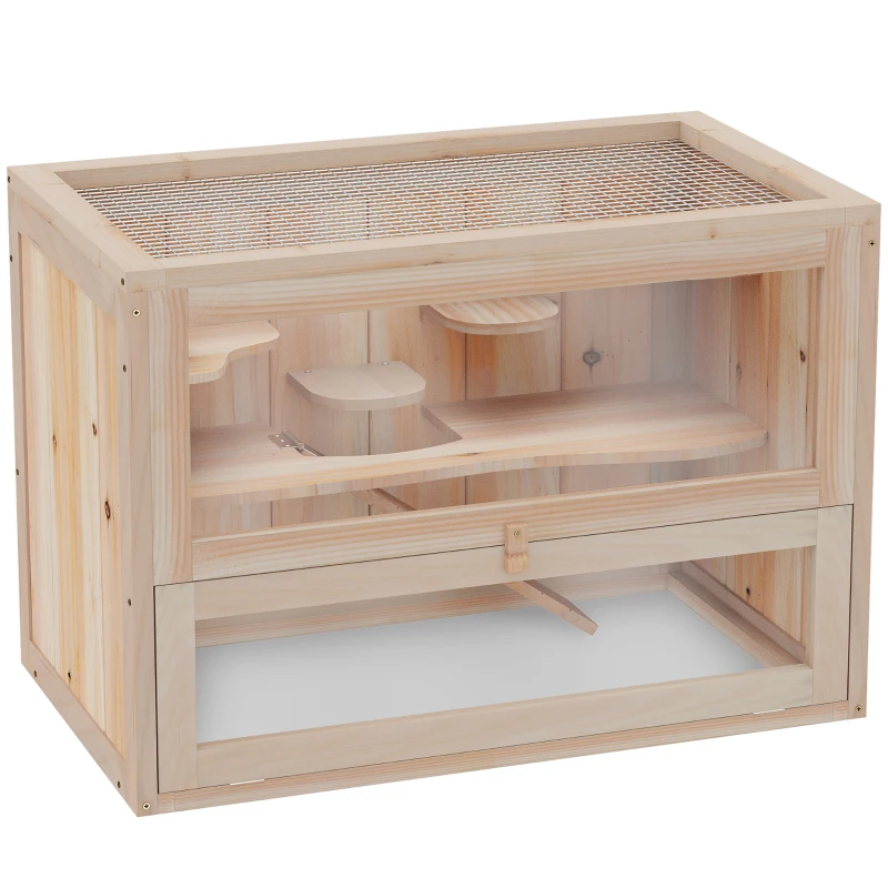 PawHut Jaula para Hámster de Madera de 2 Niveles Casa para Animales Pequeños con Plataformas Escaleras 60x35x42 cm Madera Natural