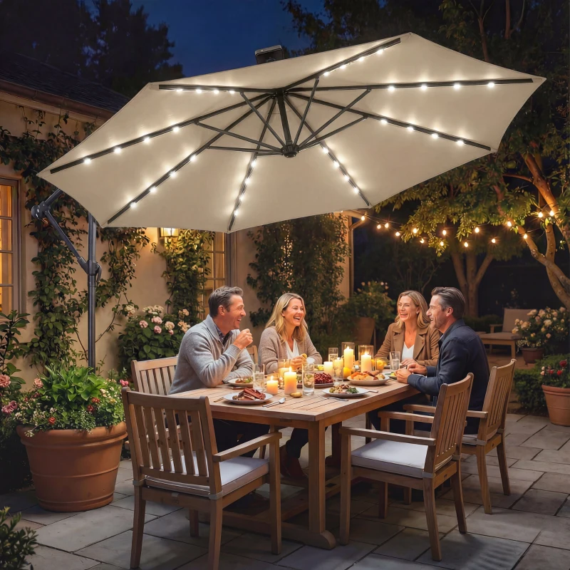Outsunny Ampelschirm LED Solar ca. Ø300 cm Drehbar Sonnenschirm mit Kurbel Ständer Schutzhülle Beige