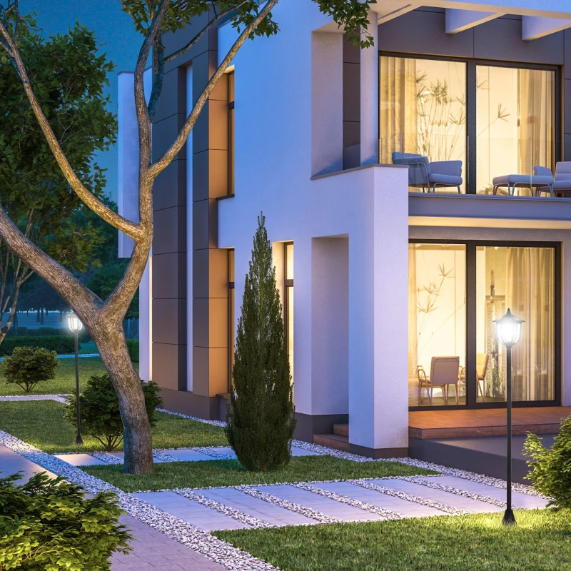 Outsunny 2 Candeeiros Solares de Jardim com 2 Luzes LED Branca Impermeável IP44 Ligação Automática Conjunto de 2 Candeeiros de Exterior para Caminho Terraço Pátio 18,5x18,5x129 cm Preto