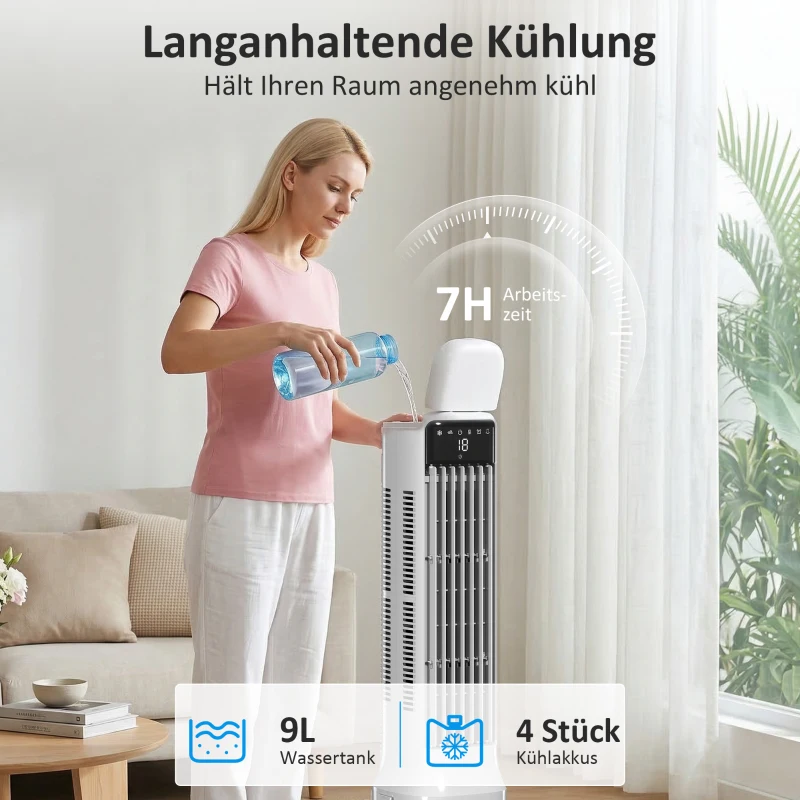 HOMCOM Tragbarer Luftkühler, 3-in-1 Verdunstungs-Luftkühler mit 9-Liter-Wassertank, 48° Oszillation, 3 Geschwindigkeiten, 3 Modi, Weiß