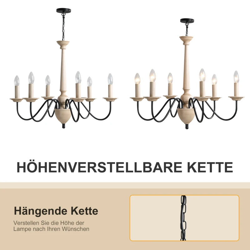 HOMCOM Kronleuchter Hängelampe 6-flammig Pendelleuchte mit Glas königlich traditionell klassisch mit 6 Armen, Stahl, Schwarz+Holzfarbe, 60x60x105 cm