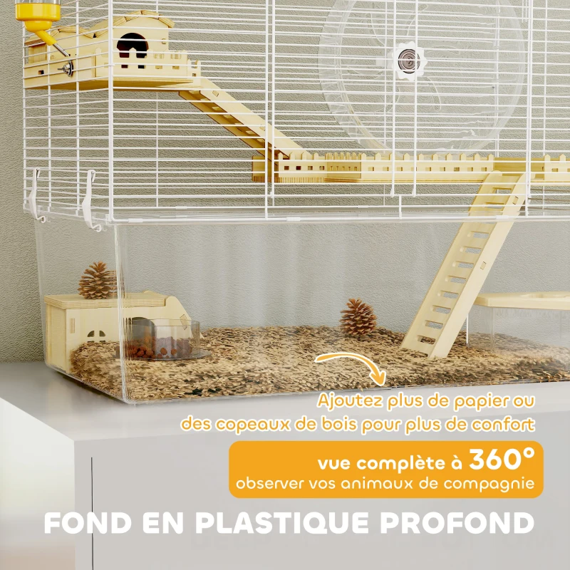 PawHut Cage à hamster à 3 niveaux, cage rongeur avec roue d'exercice, plateau profond transparent, 59 x 35,5 x 47 cm, blanc