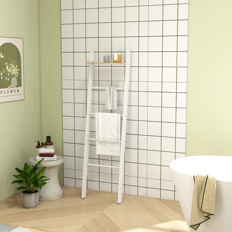 HOMCOM Toalheiro de Escada com Prateleira Superior e 4 Barras Suporte de Toalhas para Encostar na Parede  43x20x151 cm Branco e Carvalho