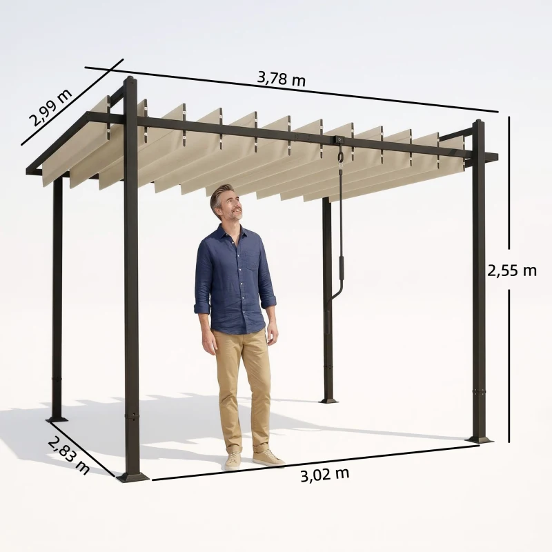 Outsunny Pérgola de Jardim 3x3,8 m com Toldo Corrediço Ajustável a 90° Manivela, Estrutura de Alumínio e Aço UPF50+ Bege