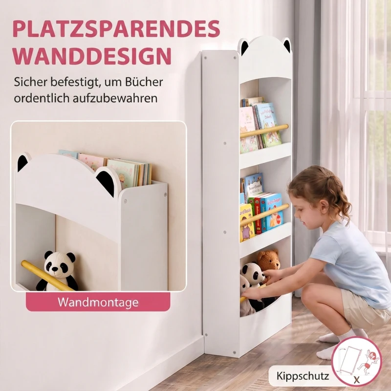 AIYAPLAY Regał na książki dla dzieci, montowany na ścianie regał dziecięcy z 4 poziomami, regał ścienny w kształcie misia, 50 x 15 x 97 cm Biały