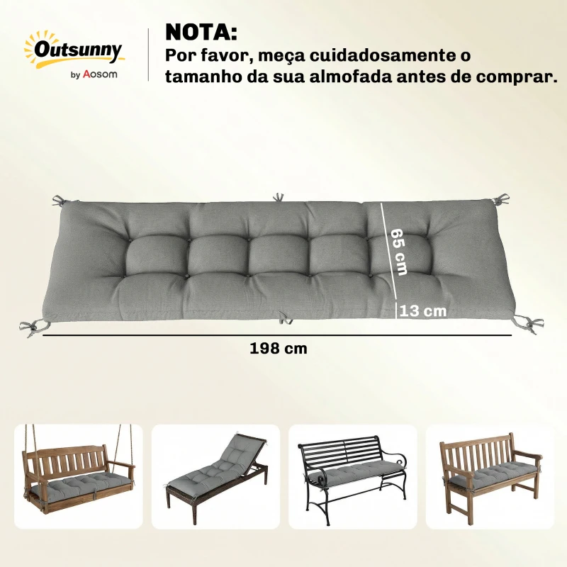 Outsunny Almofada para Banco Exterior com Alças de Fixação Proteção UV50+ Recuperação Lenta Interior Exterior 198x65x13 cm Cinzento