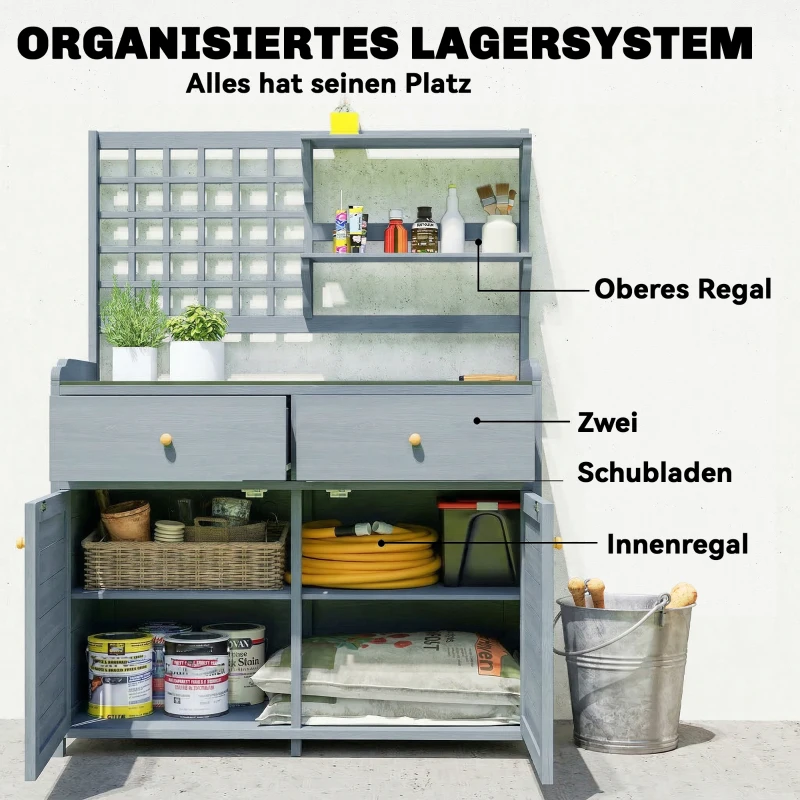 Outsunny Pflanztisch mit Unterschrank Outdoor Holz Gartenschrank mit verzinkter Arbeitsplatte 2 Schubladen 104x44x140 cm Hellgrau