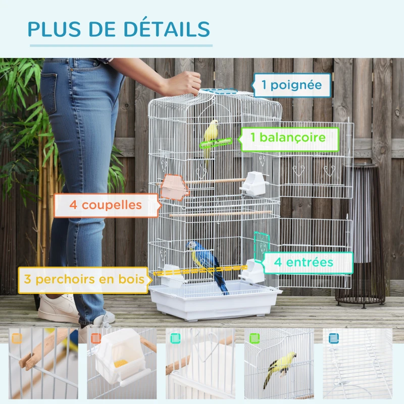 Pawhut Cage à oiseaux volière avec mangeoires perchoirs plateau excrément amovible cage pour canaris perruches perroquets 46,5 x 35,5 x 92 cm blanc