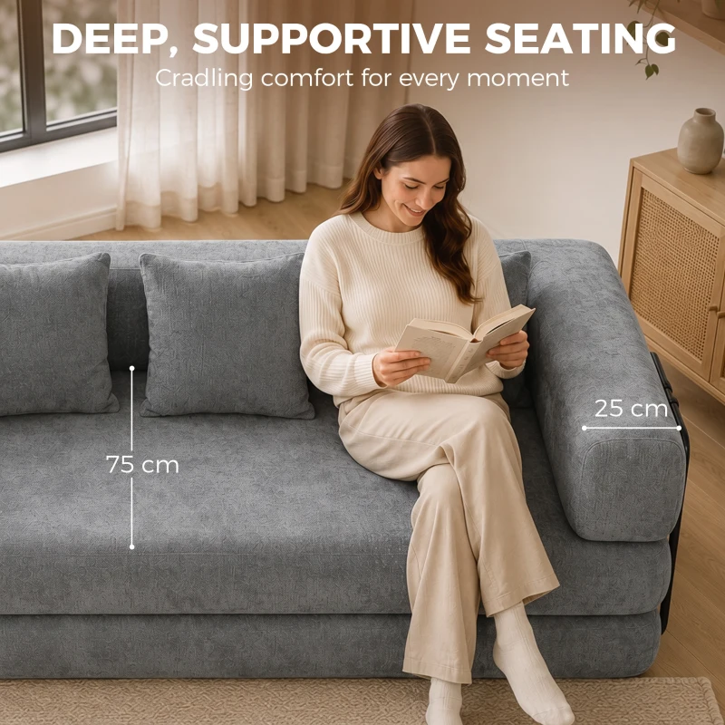 HOMCOM Canapé Convertible 3 Places Compressé 5 en 1, Canapé-Lit en Chenille 205cm, Assise Profonde, 2 Coussins, Gris