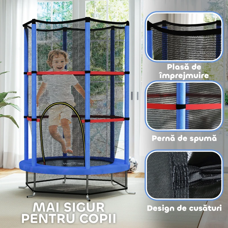 HOMCOM Trambulină pentru Copii 3-6 Ani cu Plasă de Protecție, 6 Coloane și 3 Intrări, Ø140x190 cm, Albastru și Negru