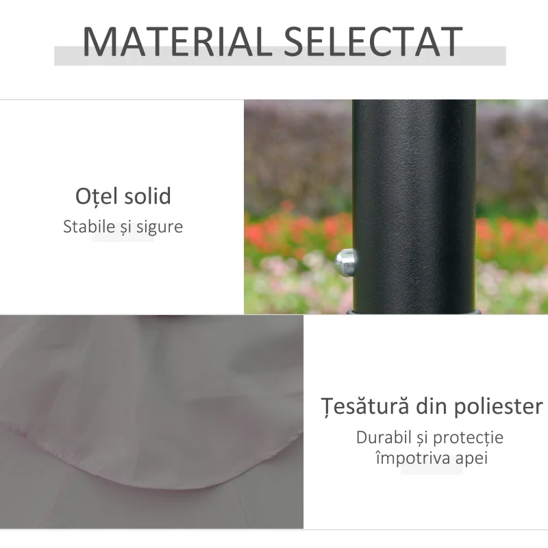 Outsunny Umbrelă de Grădină Reglabilă Ø265 cm cu 32 Lumini LED Solare și Manivelă, Umbrelă de Exterior cu 8 Bare de Sprijin, din Oțel, Poliester, pentru Terasă, Curte, Balcon, Gri