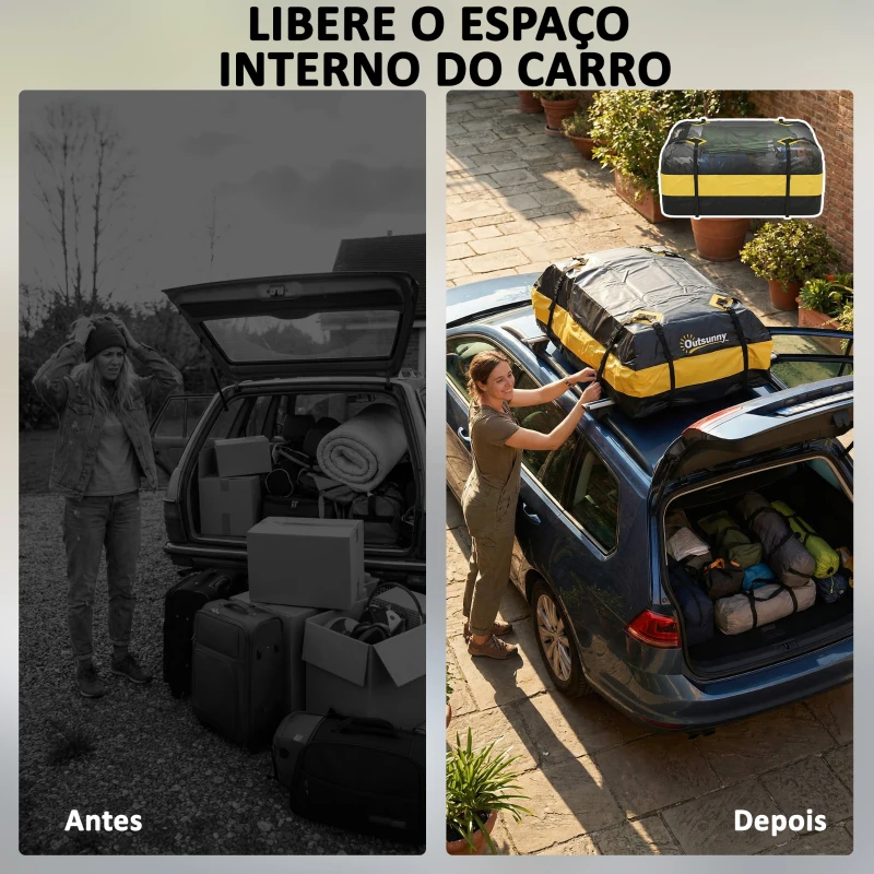 Outsunny Bolsa de Teto para Carro 425L Impermeável com 8 Correias, Tapete Antiderrapante e Ganchos para Veículos Preto e Amarelo