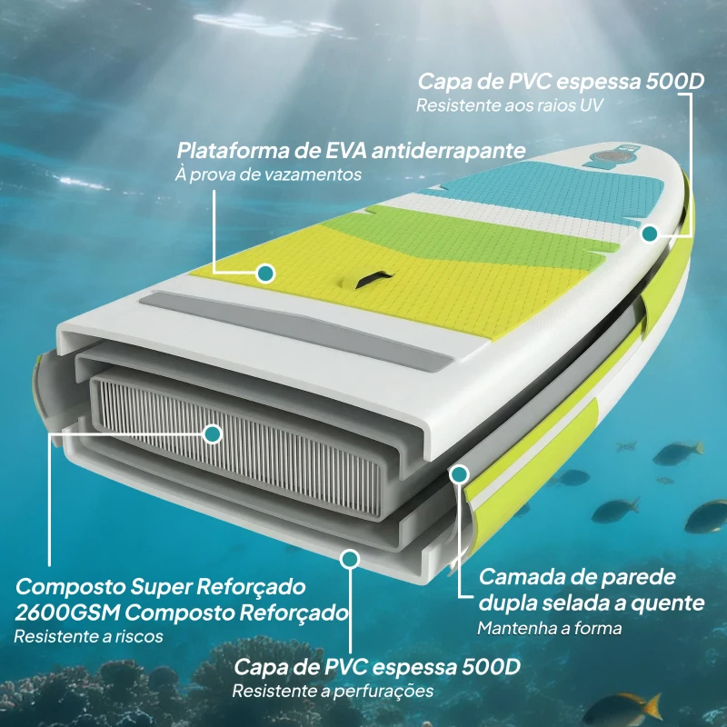 Outsunny Prancha de Paddle Surf Insuflável 320 cm com Superfície Antiderrapante Remo de Alumínio Ajustável Quilha Bomba e Mochila