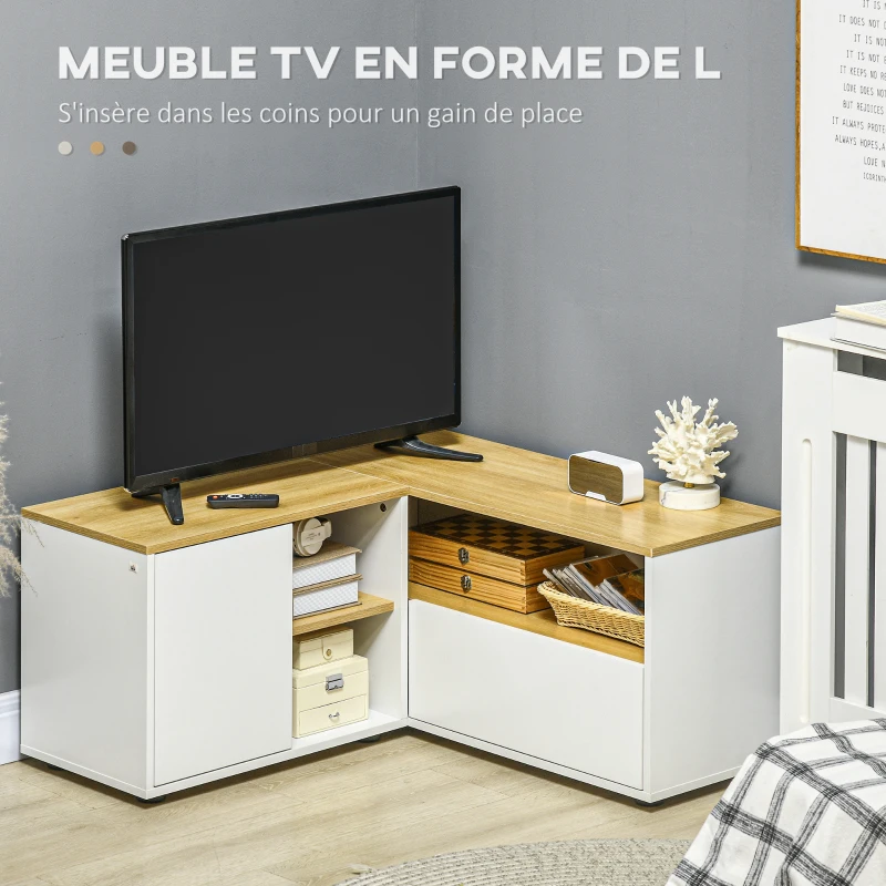 HOMCOM Meuble TV d'angle banc télévision jusqu'à 40 pouces avec rangements aspect bois clair et blanc