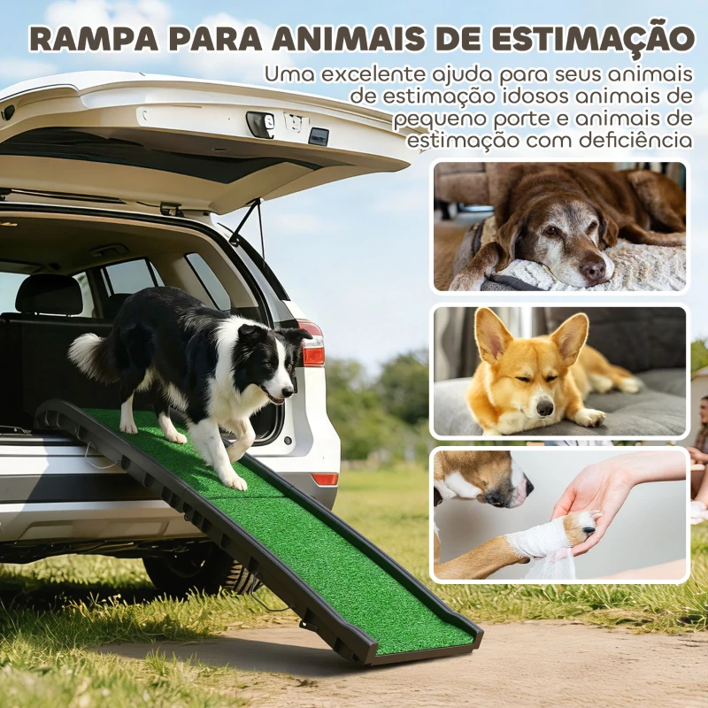 PawHut Rampa para Cães com Relva Artificial 155 cm Dobrável com Pega Ângulo Ajustável Verde