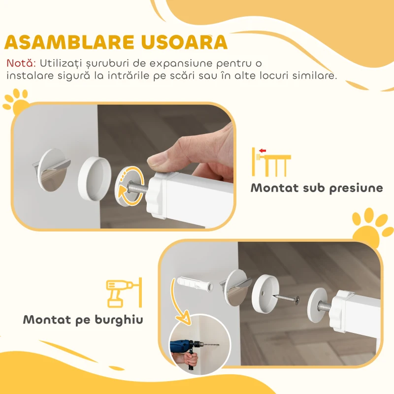 PawHut Barieră Reglabilă pentru Câini, 76-104 cm, Înălțime de Siguranță 77 cm cu 2 Extensii, Alb