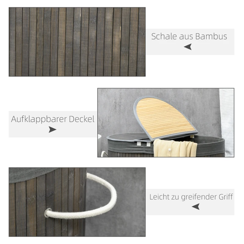 HOMCOM 100 L Wäschekorb mit Deckel, Griff, 2 Abschnitte, herausnehmbarer Wäschesack, für Schlafzimmer, Badezimmer, Bambus, Grau