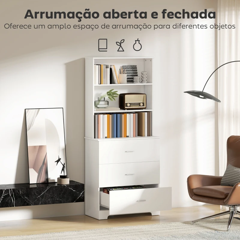 HOMCOM Estante para Livros de 6 Níveis Estante com 3 Gavetas 3 Prateleiras Abertas Armário Alto para  79x39,5x182,2 cm Branco