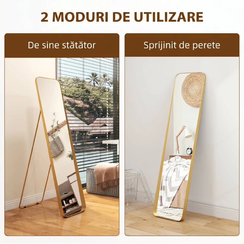 HOMCOM Oglindă de Podea 40x160cm Dreptunghiulară în Mărime Naturală cu Suport Autoportant, Auriu