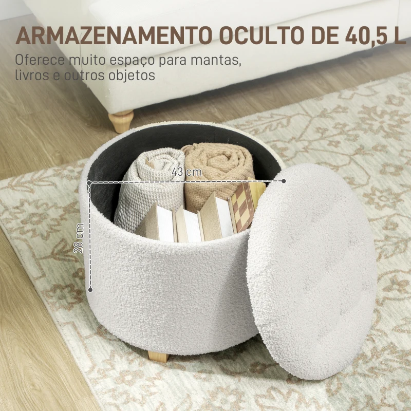 HOMCOM Puff de Armazenamento Banco de Armazenamento Redondo 40,5L 45x45x41 cm Estofado em Borreguito Banco Apoia-Pés Branco