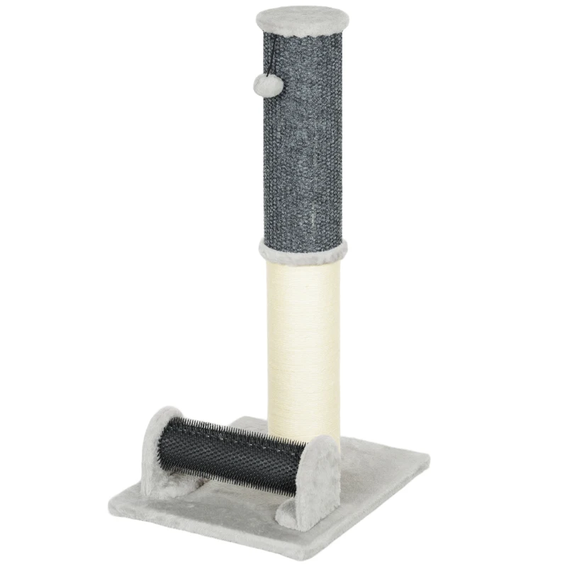 PawHut Arranhador para Gatos com Poste de Sisal Escova de Auto Higiene e Bola Suspensa 40x48x85 cm Cinza e Creme