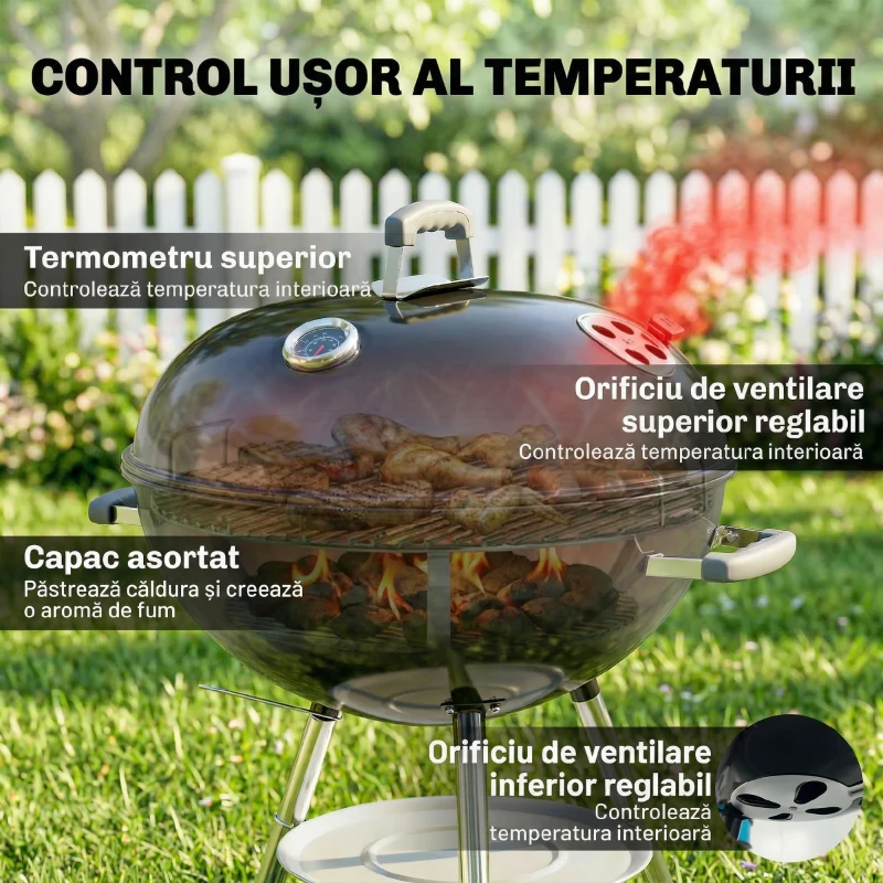 Outsunny Barbecue Portabil pe Cărbune cu Raft Inferior și Roți, Negru