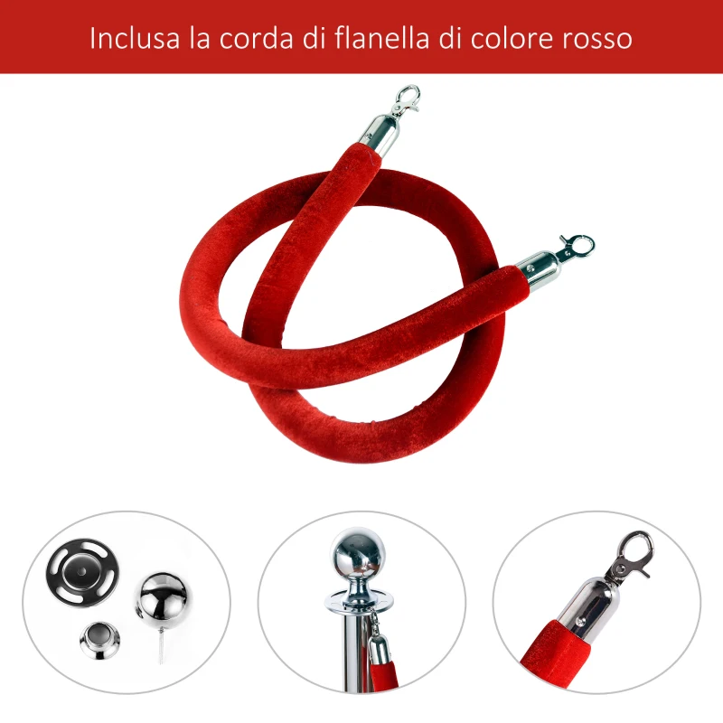 Outsunny Transenne Elimina Separacode Paletti di Delimitazione con Corde Rosso Acciaio Inox Ф32 x 95CM Argento