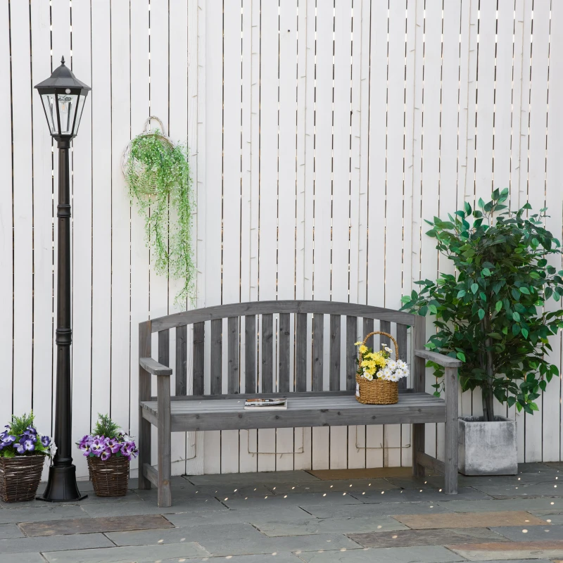 Outsunny Banco de Jardim de 3 Lugares Banco de Ripas de Madeira com Encosto Apoio para os Braços Terraço Varanda Exterior Carga 320kg 140x50x85cm Cinza