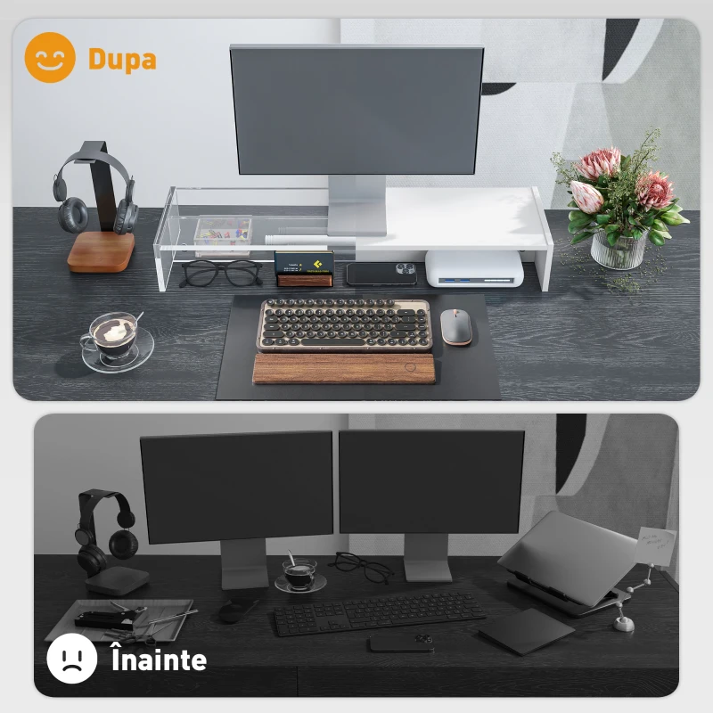 HOMCOM Suport pentru monitor cu 2 compartimente de depozitare din lemn, 100x27x15 cm, alb