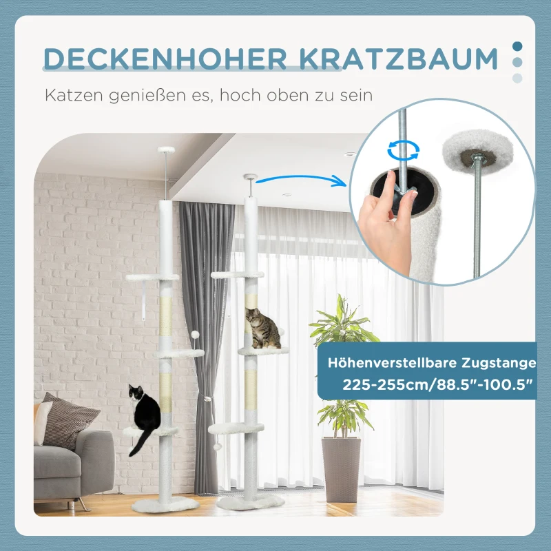 PawHut Deckenhoher Kratzbaum, variable Höhe 2,25-2,55 m, Sitzplattformen, Kippschutz, Spielbälle, weiß