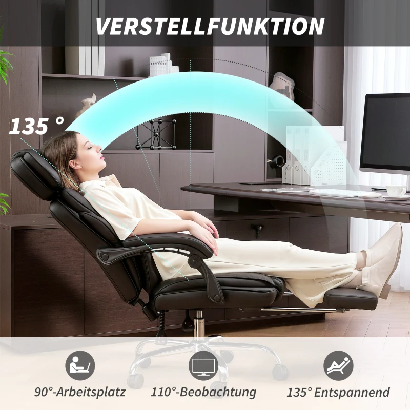 HOMCOM Bürostuhl Ergonomischer Höhenverstellbarer Drehstuhl mit Lendenwirbelstütze, Armlehne, Fußstütze, PU-Leder, Schwarz