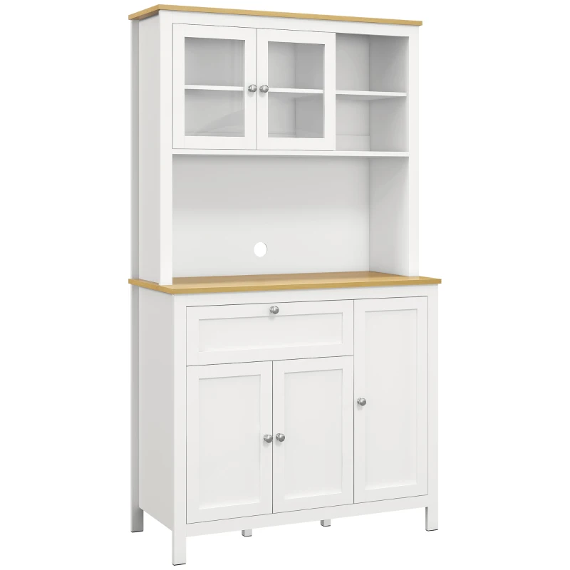 HOMCOM Küchenschrank im Landhausstil, 1 Vitrine, 1 offenes Regal, 1 Schublade, 2 Schränke, Natur + Weiß