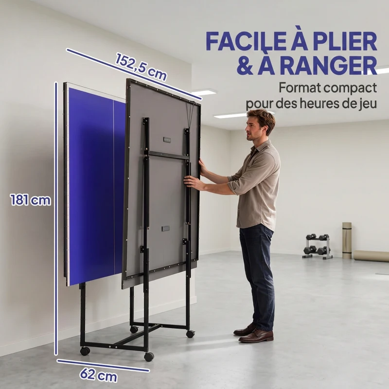 SPORTNOW Table de tennis de table ping-pong pliable compacte 4 roulettes pour intérieur 274L x 152,5l x 75,5H cm