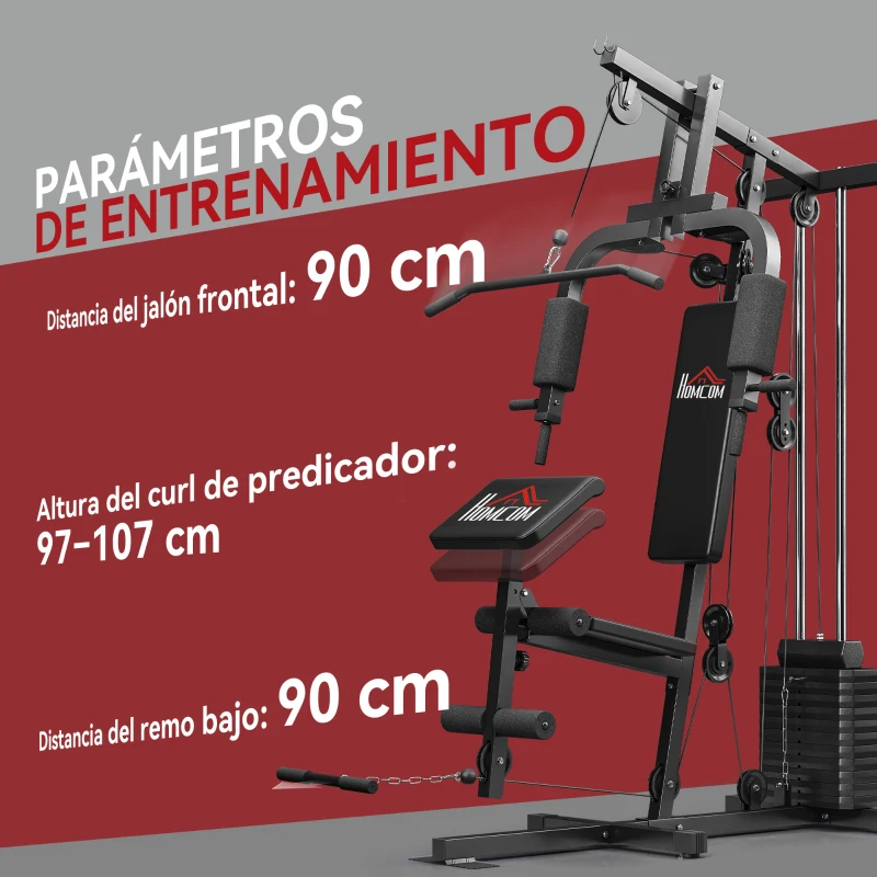 HOMCOM Máquina de Musculación con Pesas Ajustables de 65 kg Prensa de Pecho y Piernas Polea 135x103x210 cm Negro